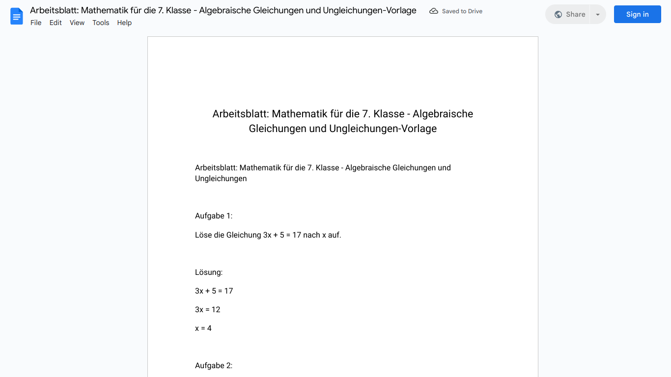 Arbeitsblatt: Mathematik für die 7. Klasse - Algebraische Gleichungen und Ungleichungen-Vorlage