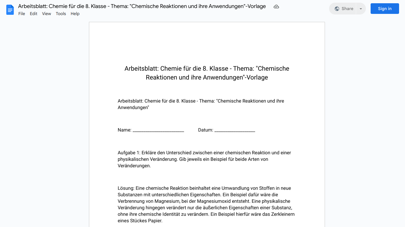 Arbeitsblatt: Chemie für die 8. Klasse - Thema: "Chemische Reaktionen und ihre Anwendungen"-Vorlage