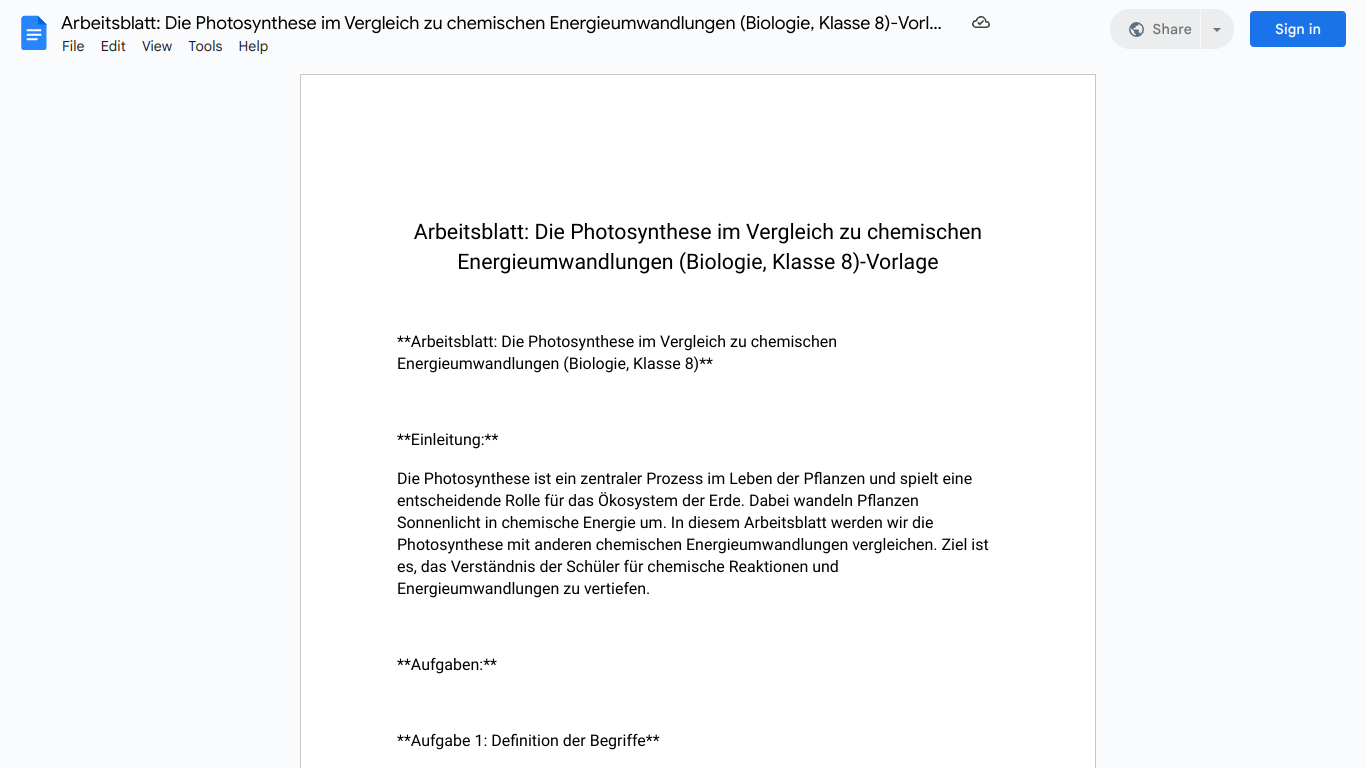 Arbeitsblatt: Die Photosynthese im Vergleich zu chemischen Energieumwandlungen (Biologie, Klasse 8)-Vorlage