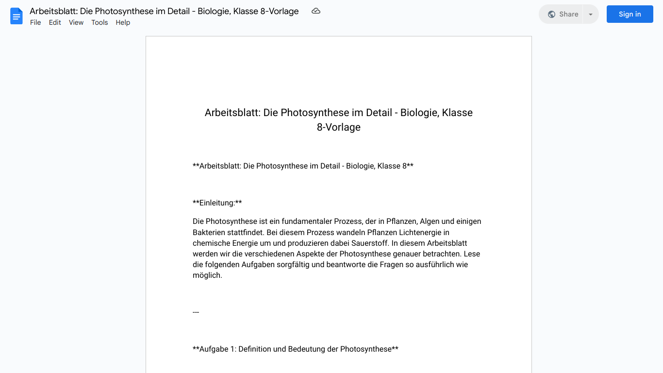 Arbeitsblatt: Die Photosynthese im Detail - Biologie, Klasse 8-Vorlage