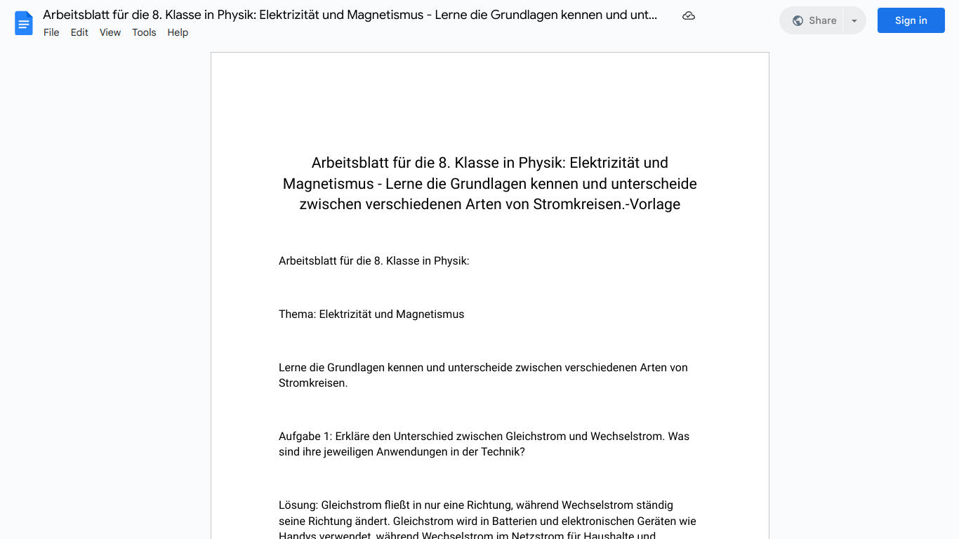 Arbeitsblatt für die 8. Klasse in Physik: Elektrizität und Magnetismus - Lerne die Grundlagen kennen und unterscheide zwischen verschiedenen Arten von Stromkreisen.-Vorlage