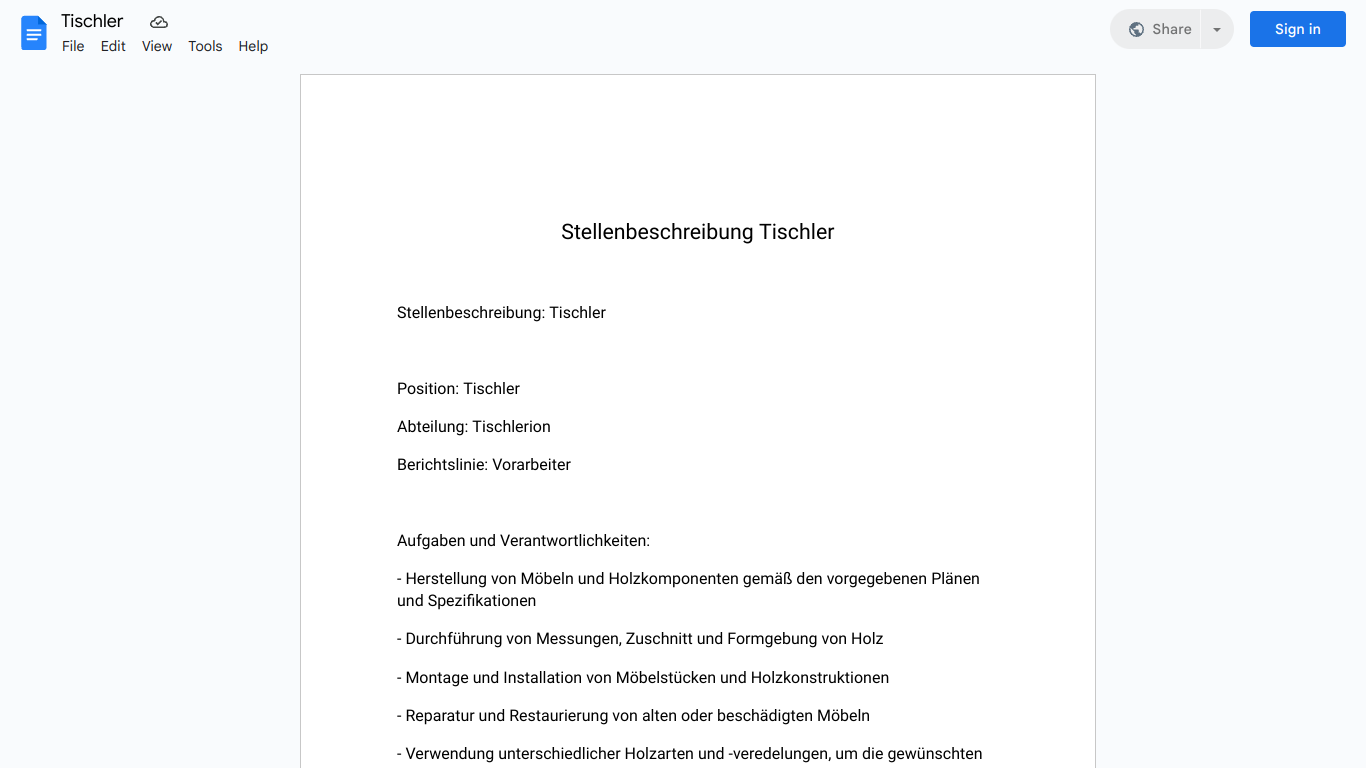 Stellenbeschreibung-Tischler