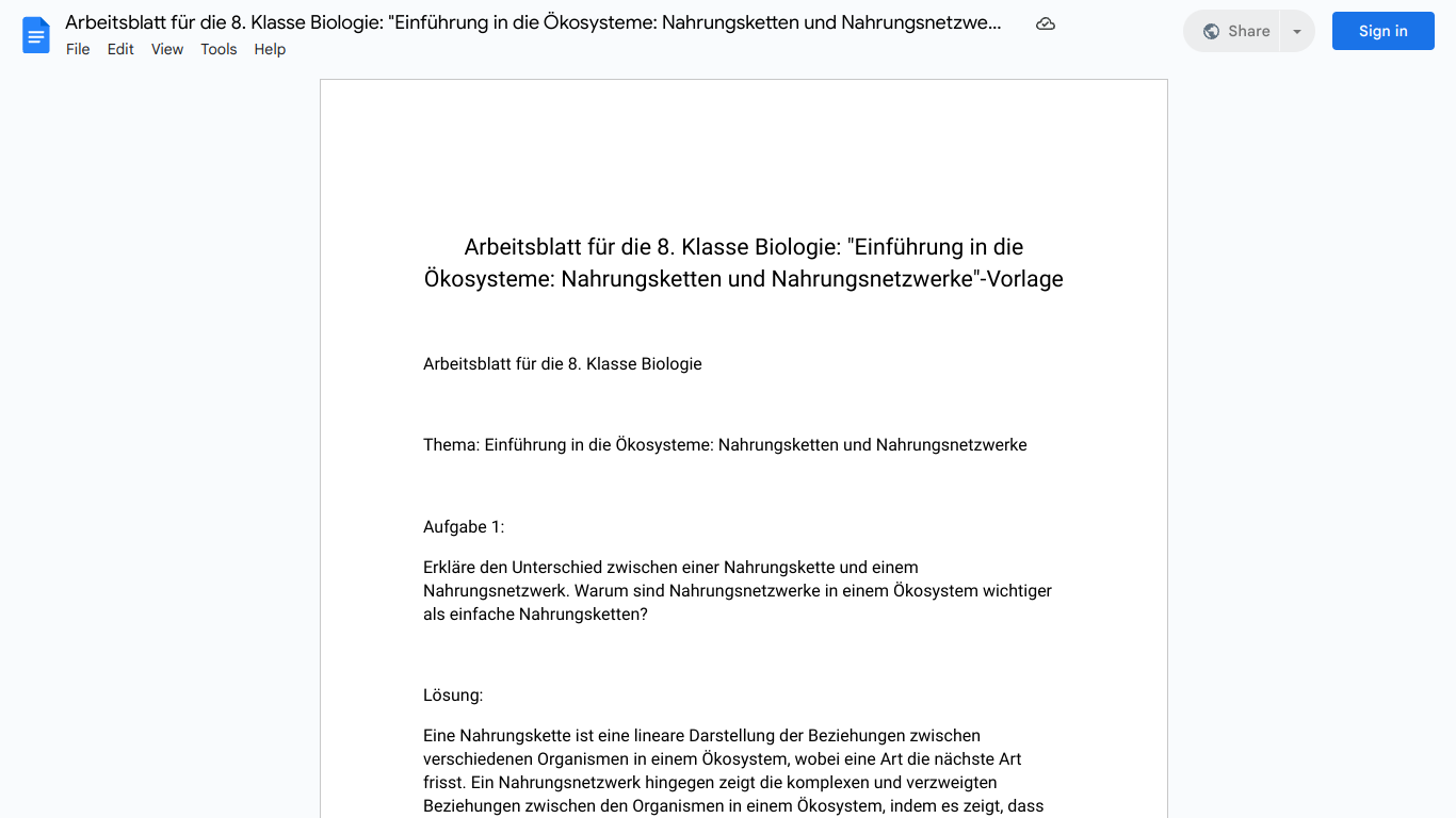 Arbeitsblatt für die 8. Klasse Biologie: "Einführung in die Ökosysteme: Nahrungsketten und Nahrungsnetzwerke"-Vorlage