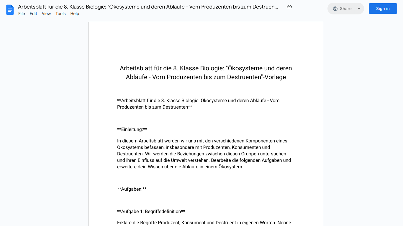 Arbeitsblatt für die 8. Klasse Biologie: "Ökosysteme und deren Abläufe - Vom Produzenten bis zum Destruenten"-Vorlage