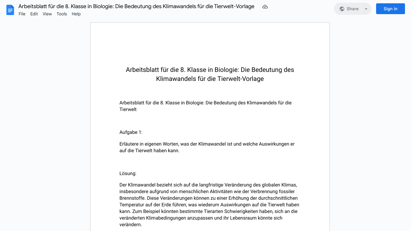 Arbeitsblatt für die 8. Klasse in Biologie: Die Bedeutung des Klimawandels für die Tierwelt-Vorlage