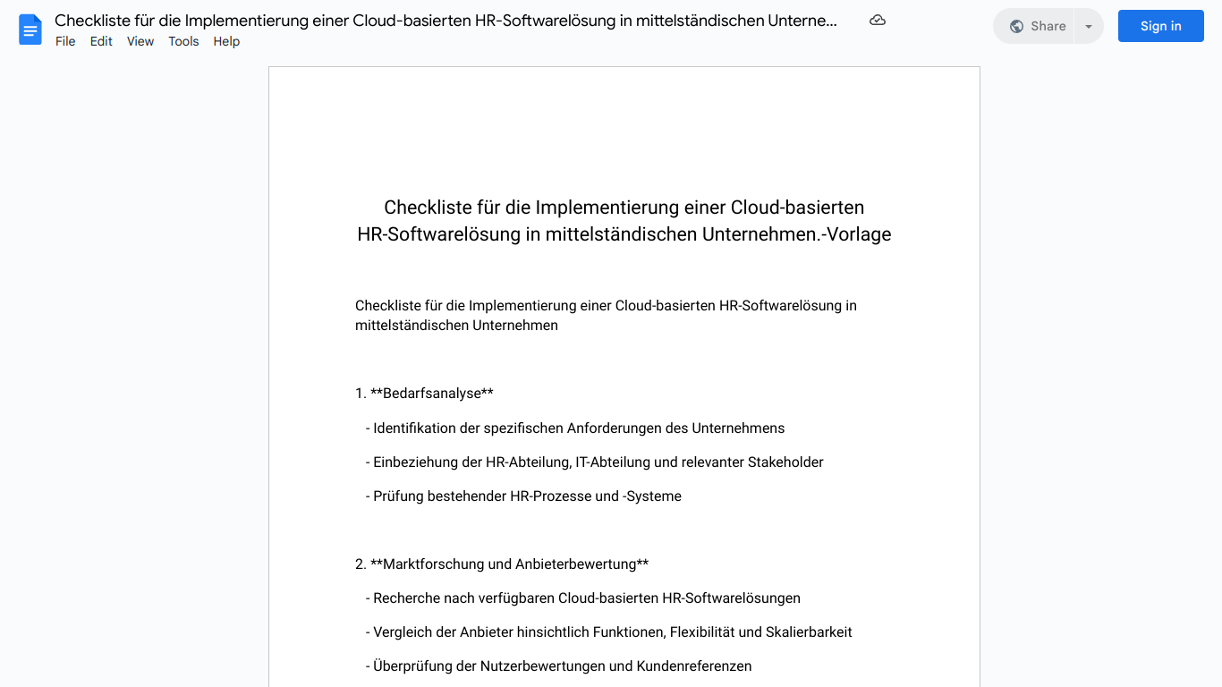 Checkliste für die Implementierung einer Cloud-basierten HR-Softwarelösung in mittelständischen Unternehmen.-Vorlage