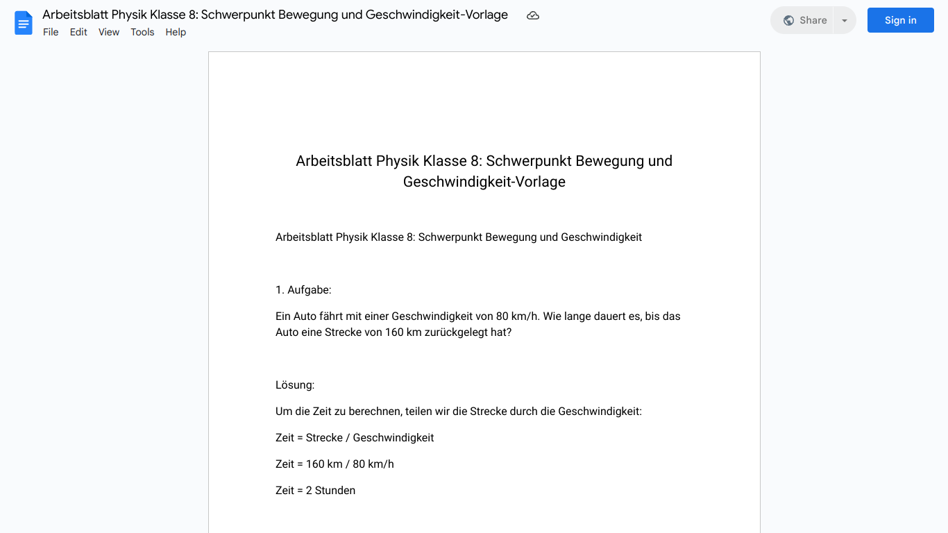 Arbeitsblatt Physik Klasse 8: Schwerpunkt Bewegung und Geschwindigkeit-Vorlage