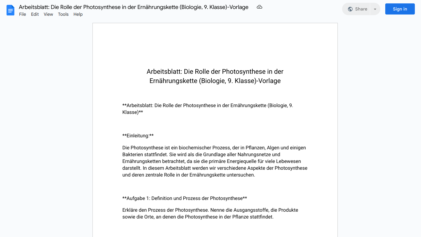 Arbeitsblatt: Die Rolle der Photosynthese in der Ernährungskette (Biologie, 9. Klasse)-Vorlage