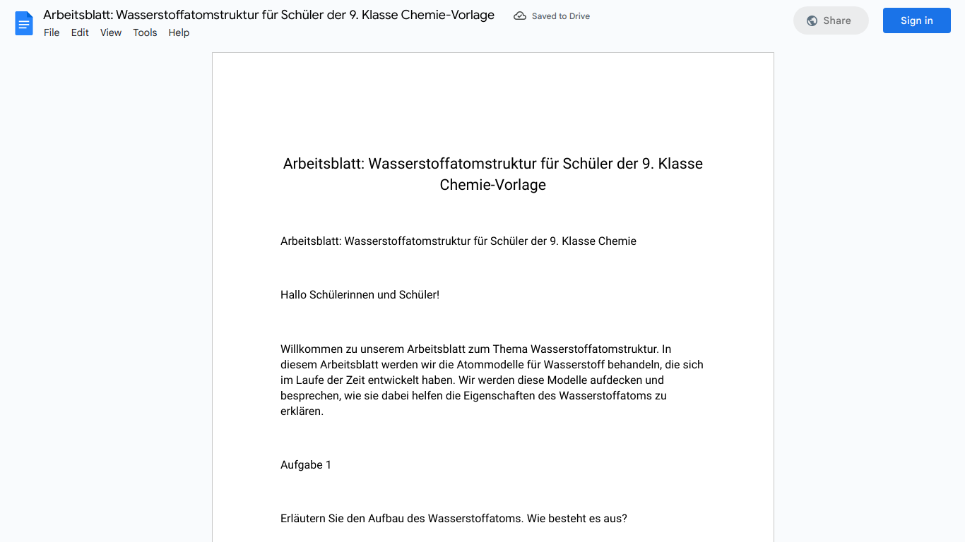 Arbeitsblatt: Wasserstoffatomstruktur für Schüler der 9. Klasse Chemie-Vorlage