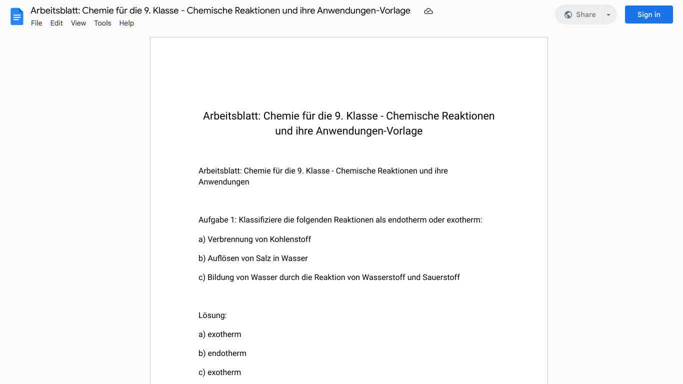 Arbeitsblatt: Chemie für die 9. Klasse - Chemische Reaktionen und ihre Anwendungen-Vorlage