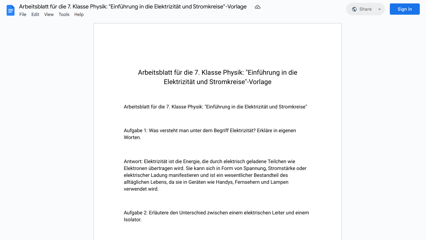 Arbeitsblatt für die 7. Klasse Physik: "Einführung in die Elektrizität und Stromkreise"-Vorlage