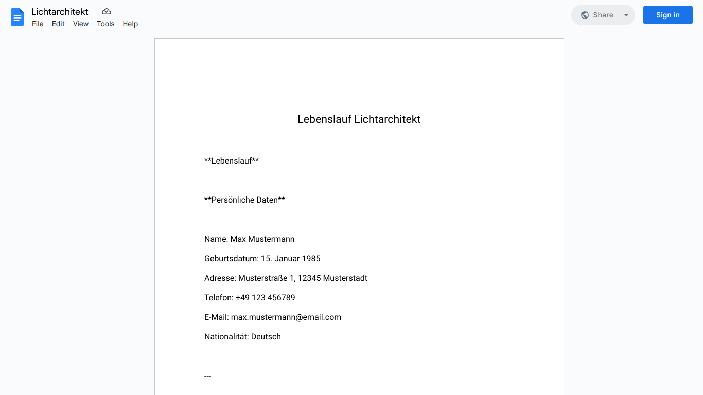 Lebenslauf-Lichtarchitekt