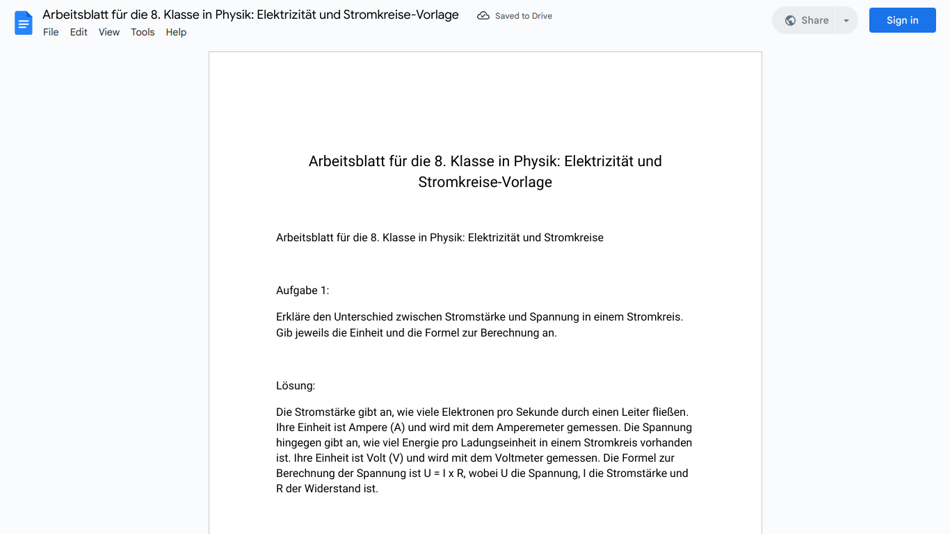 Arbeitsblatt für die 8. Klasse in Physik: Elektrizität und Stromkreise-Vorlage