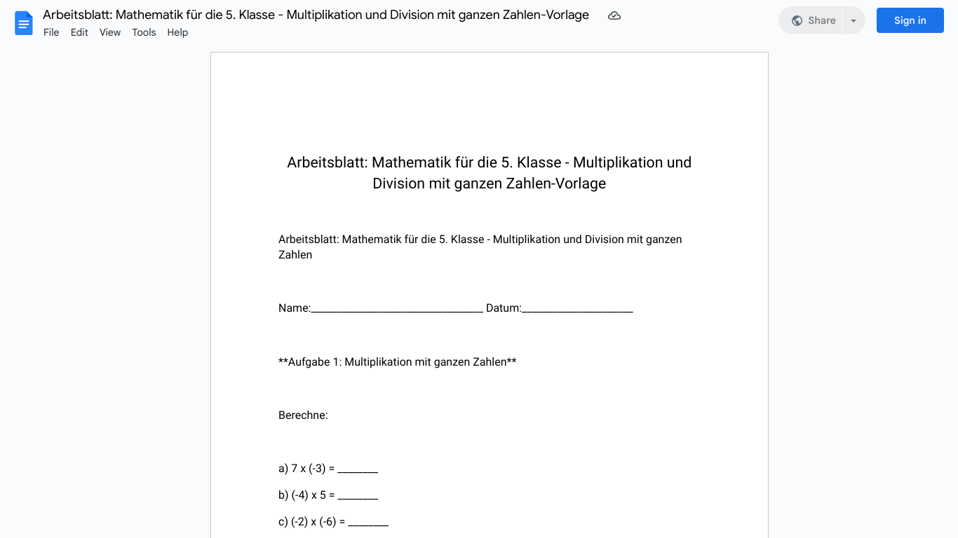 Arbeitsblatt: Mathematik für die 5. Klasse - Multiplikation und Division mit ganzen Zahlen-Vorlage