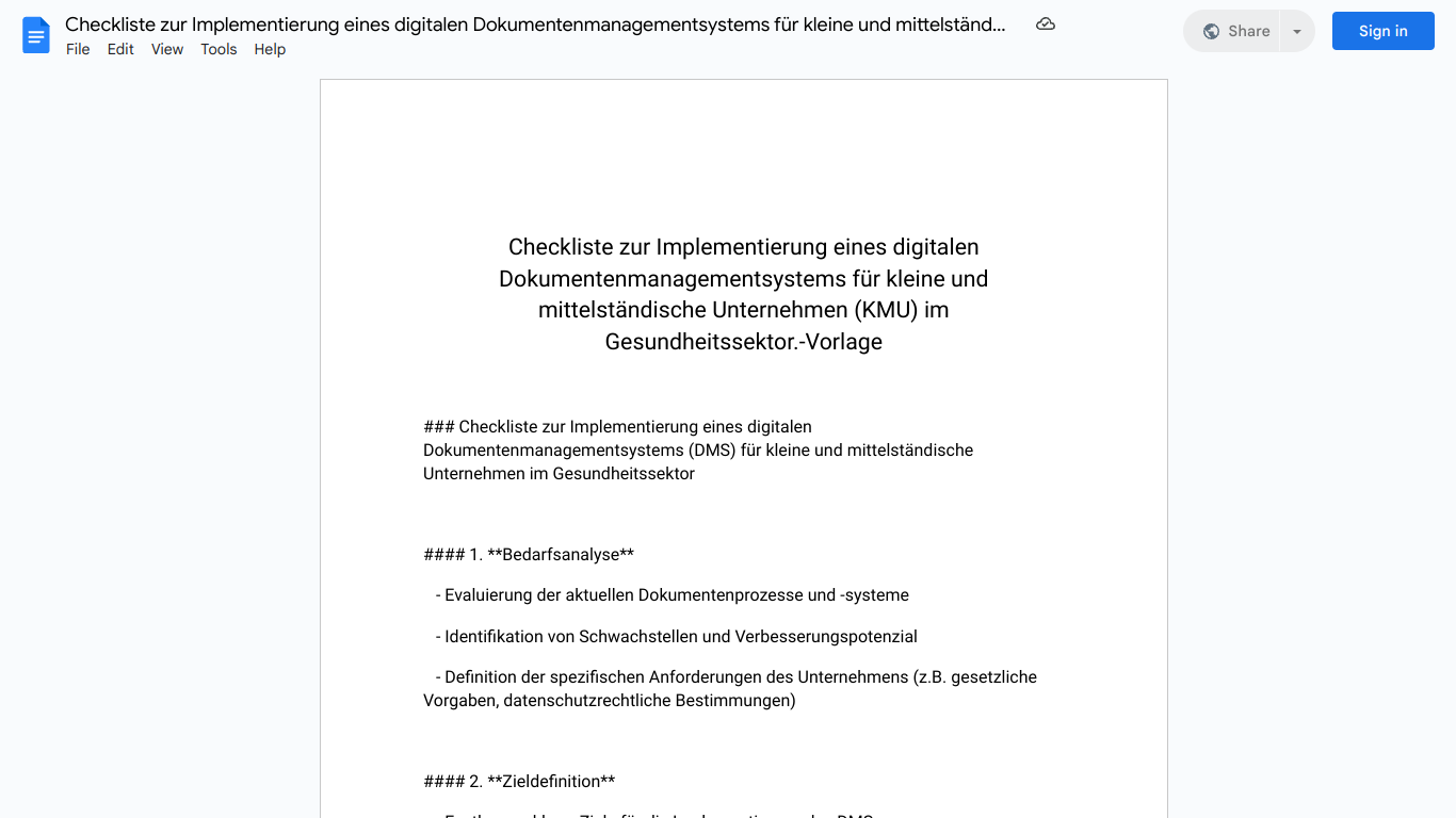 Checkliste zur Implementierung eines digitalen Dokumentenmanagementsystems für kleine und mittelständische Unternehmen (KMU) im Gesundheitssektor.-Vorlage