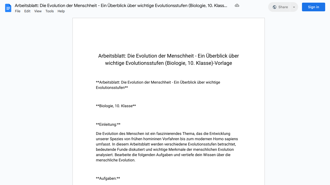 Arbeitsblatt: Die Evolution der Menschheit - Ein Überblick über wichtige Evolutionsstufen (Biologie, 10. Klasse)-Vorlage