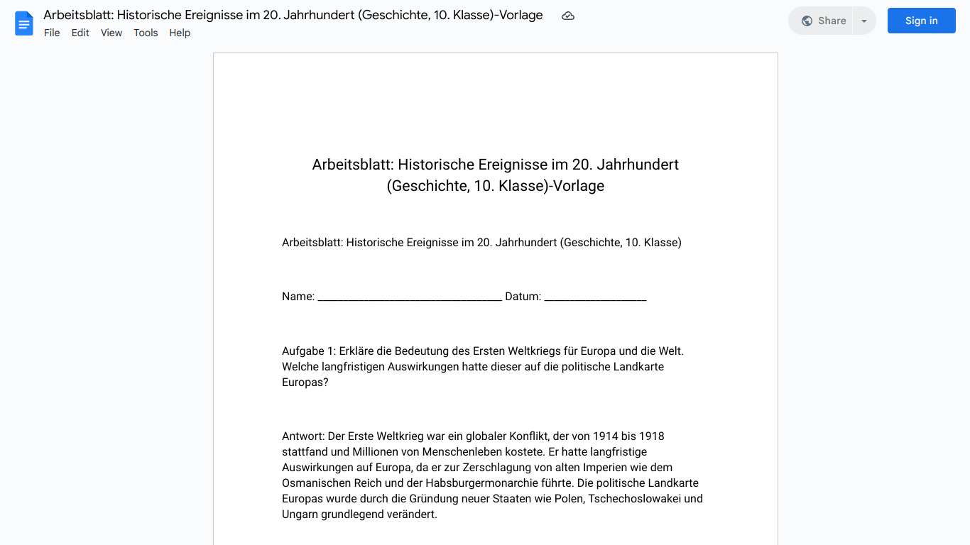 Arbeitsblatt: Historische Ereignisse im 20. Jahrhundert (Geschichte, 10. Klasse)-Vorlage