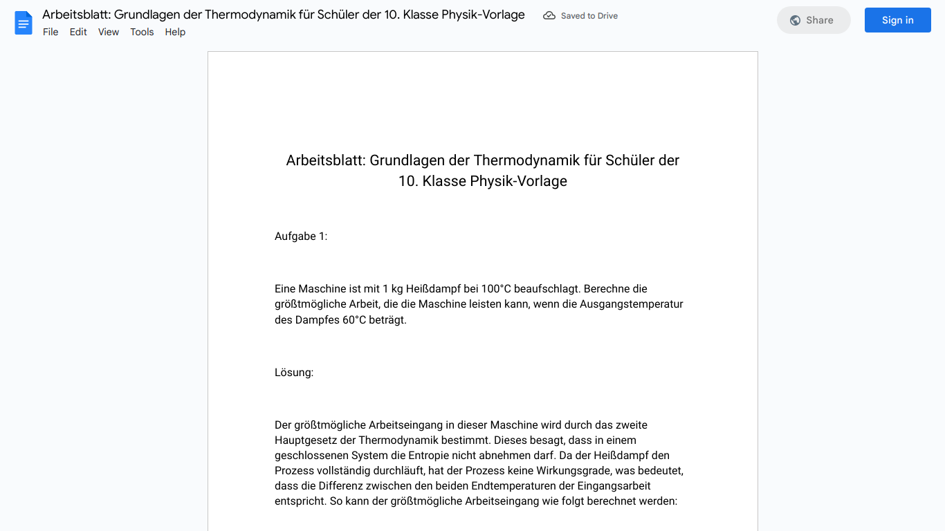 Arbeitsblatt: Grundlagen der Thermodynamik für Schüler der 10. Klasse Physik-Vorlage