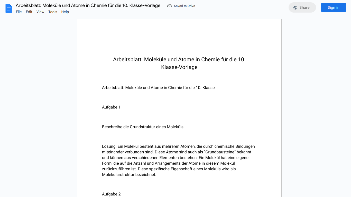 Arbeitsblatt: Moleküle und Atome in Chemie für die 10. Klasse-Vorlage