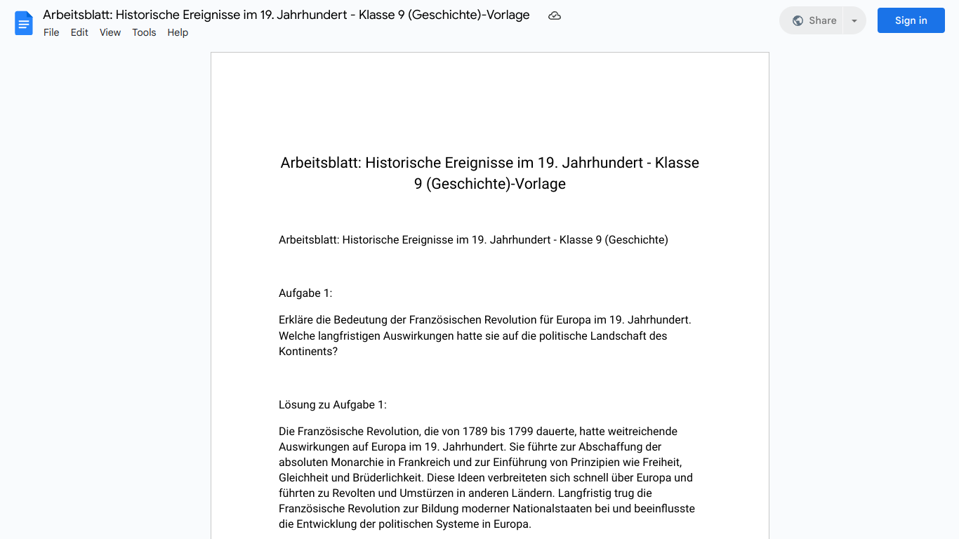 Arbeitsblatt: Historische Ereignisse im 19. Jahrhundert - Klasse 9 (Geschichte)-Vorlage