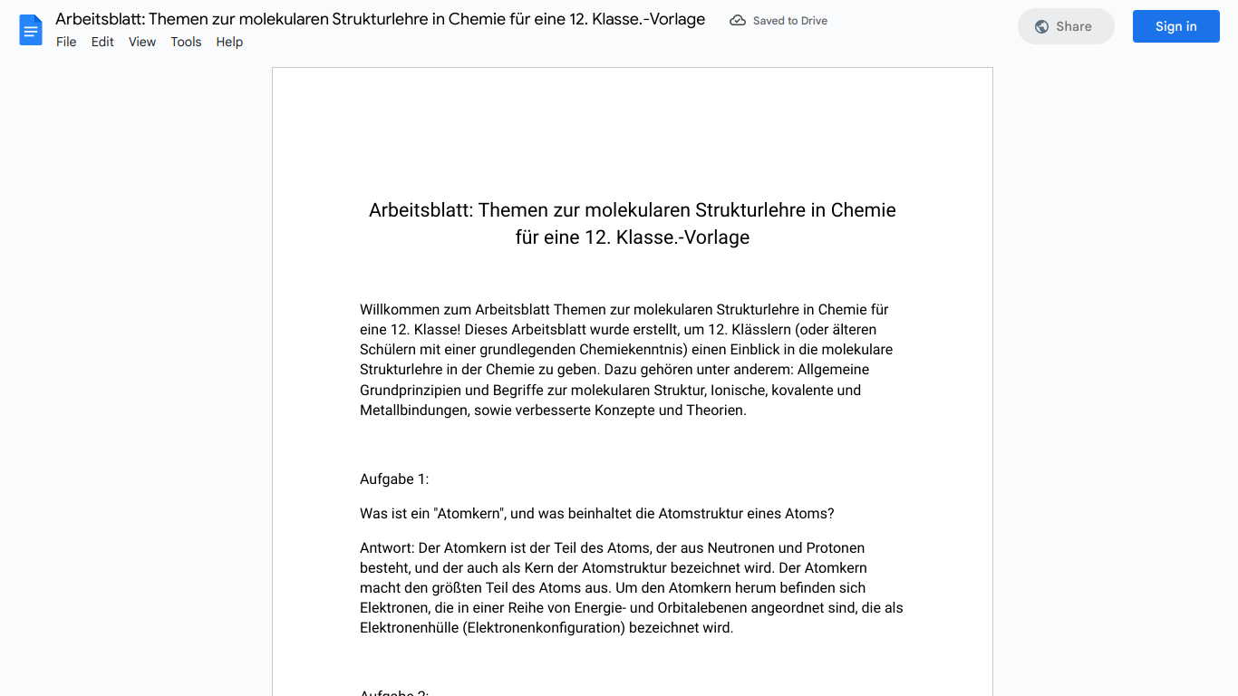 Arbeitsblatt: Themen zur molekularen Strukturlehre in Chemie für eine 12. Klasse.-Vorlage