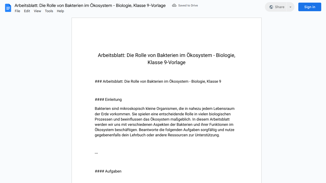 Arbeitsblatt: Die Rolle von Bakterien im Ökosystem - Biologie, Klasse 9-Vorlage