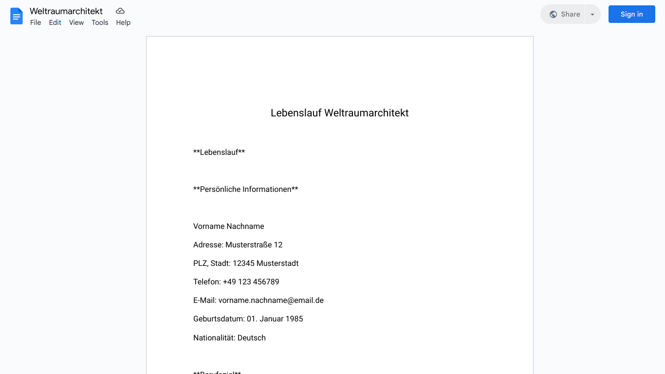 Lebenslauf-Weltraumarchitekt