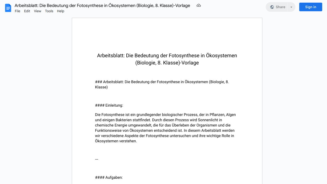 Arbeitsblatt: Die Bedeutung der Fotosynthese in Ökosystemen (Biologie, 8. Klasse)-Vorlage