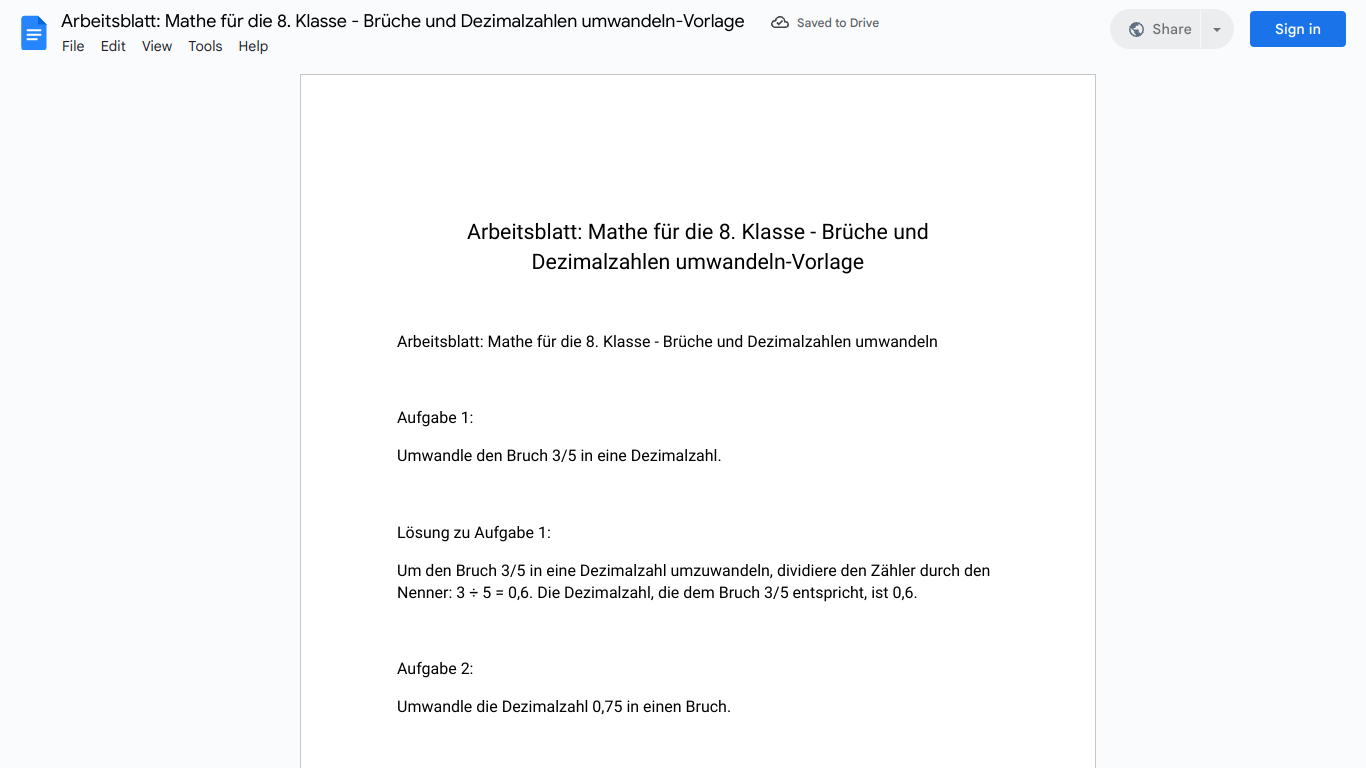 Arbeitsblatt: Mathe für die 8. Klasse - Brüche und Dezimalzahlen umwandeln-Vorlage