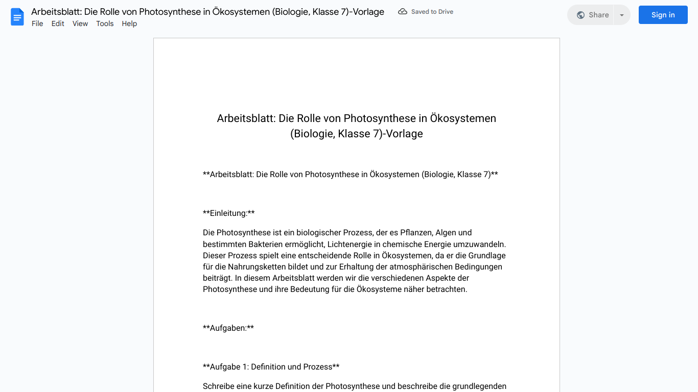 Arbeitsblatt: Die Rolle von Photosynthese in Ökosystemen (Biologie, Klasse 7)-Vorlage