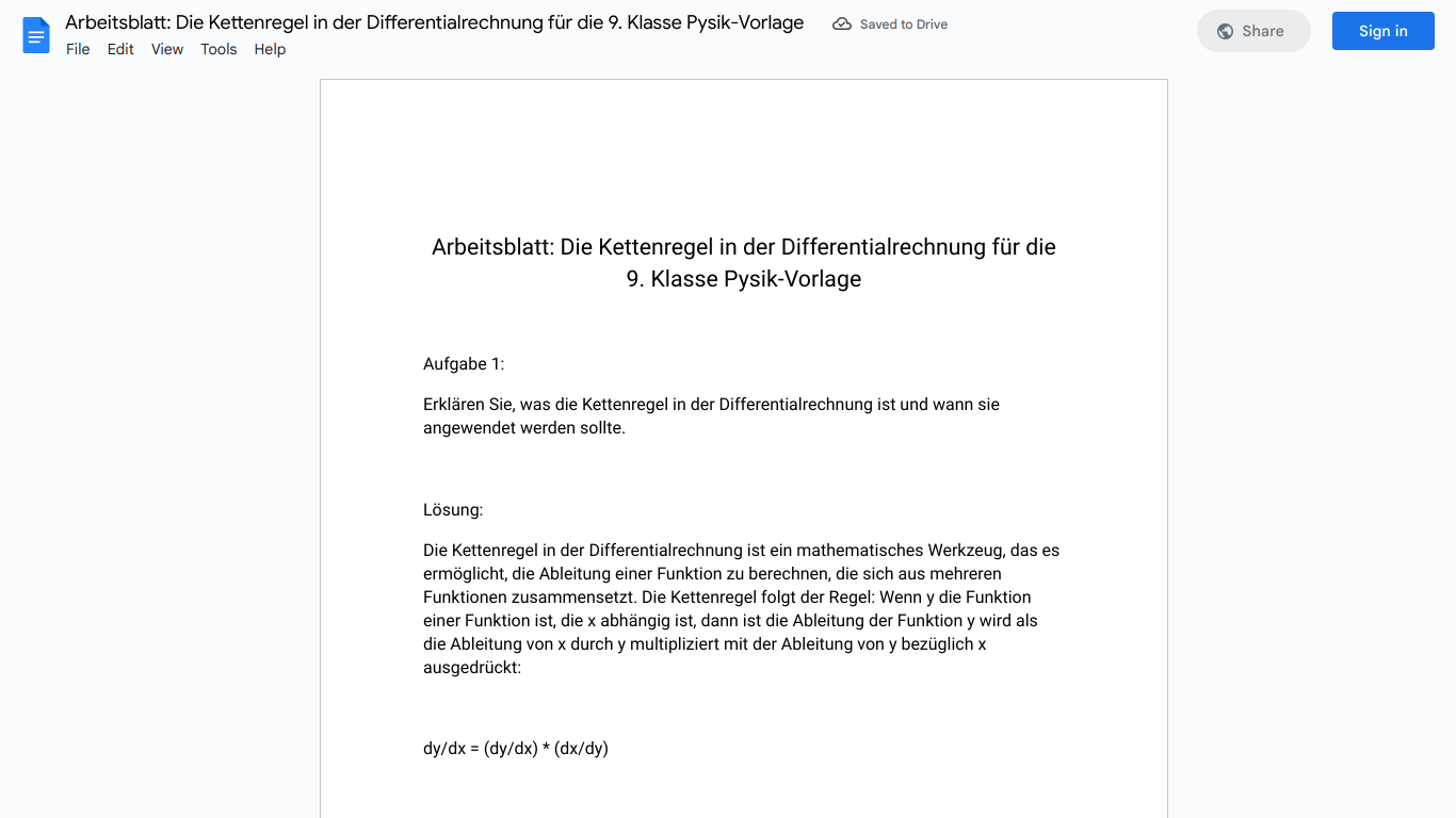 Arbeitsblatt: Die Kettenregel in der Differentialrechnung für die 9. Klasse Pysik-Vorlage