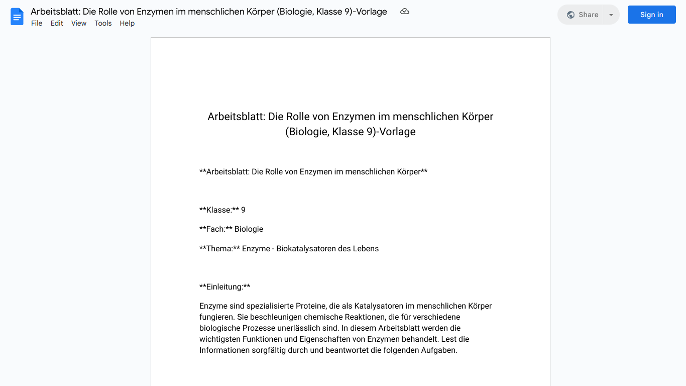 Arbeitsblatt: Die Rolle von Enzymen im menschlichen Körper (Biologie, Klasse 9)-Vorlage