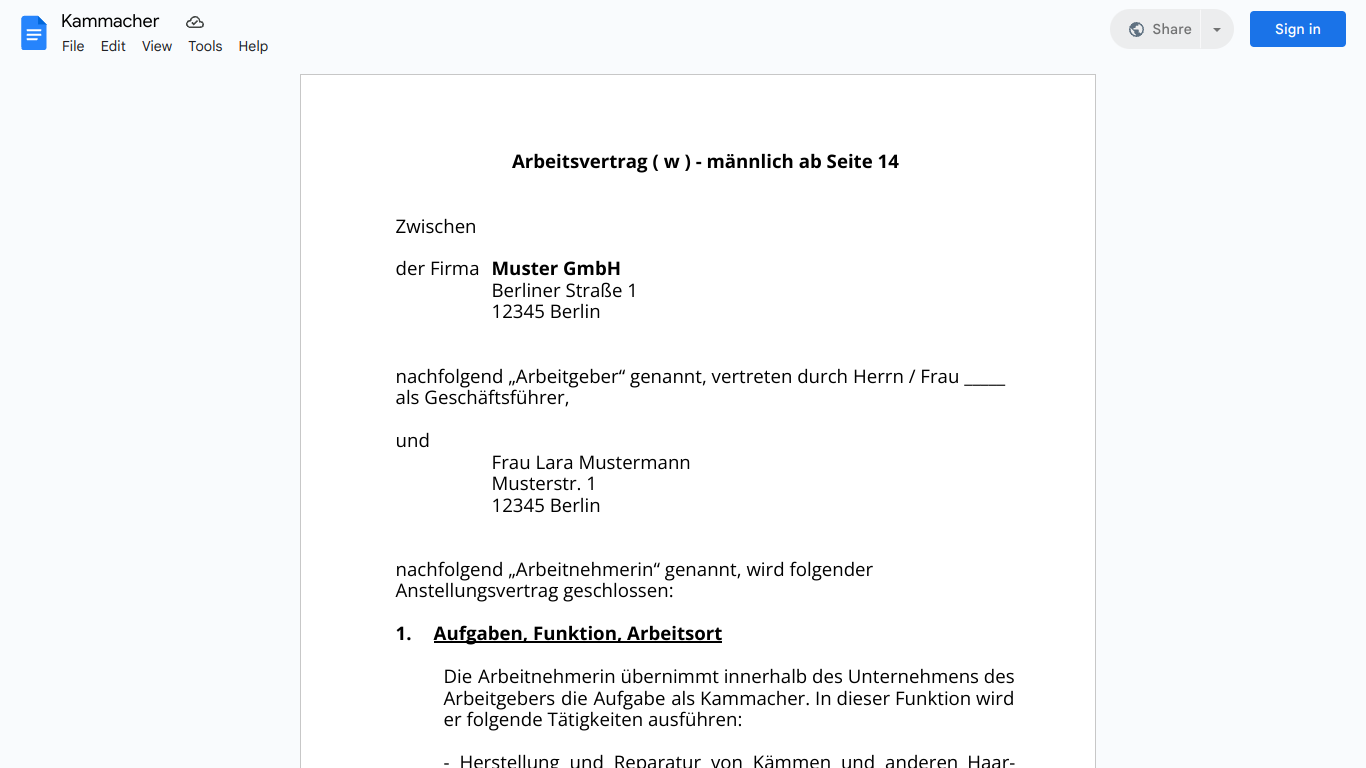 Arbeitsvertrag-Kammacher