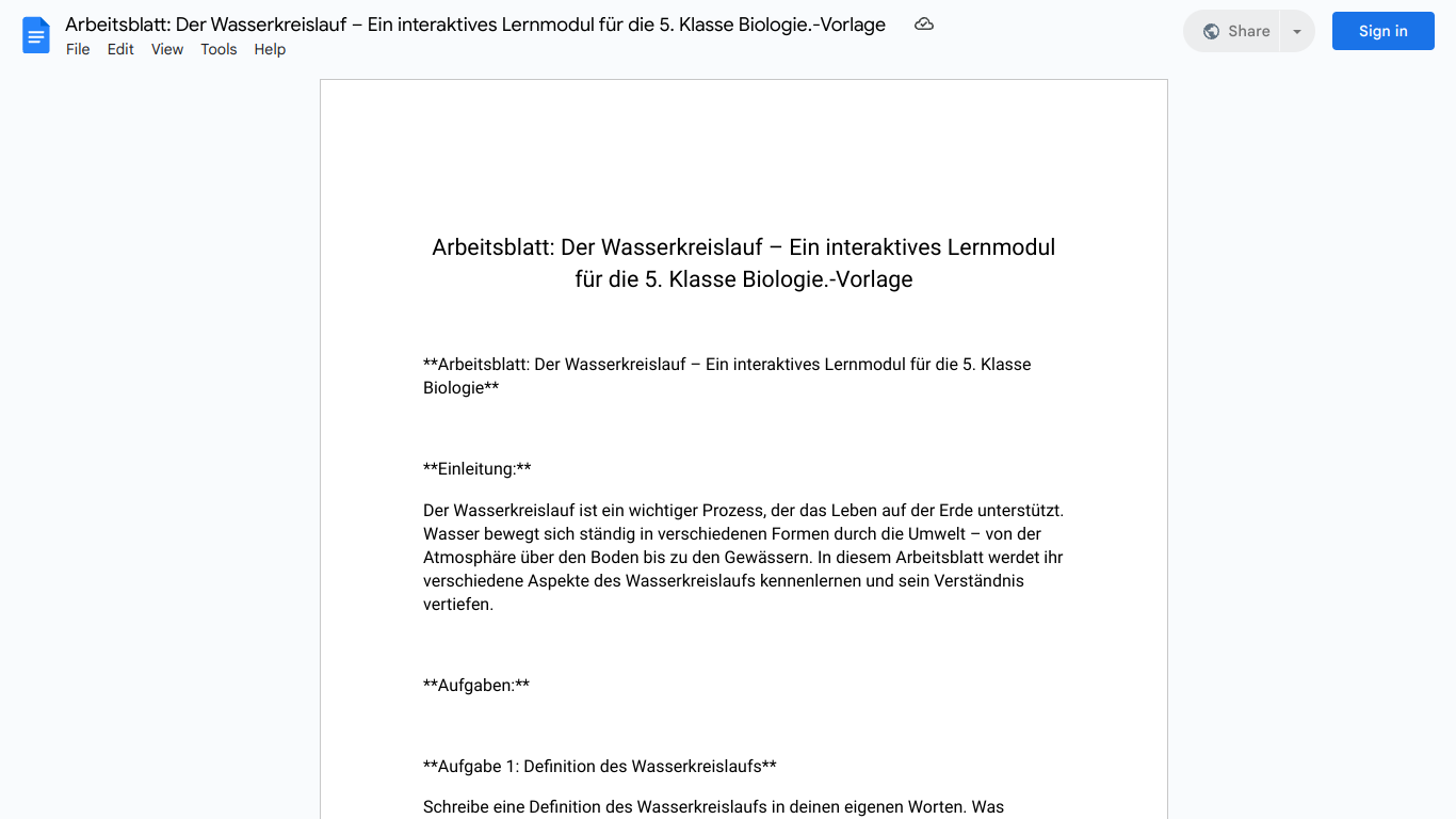 Arbeitsblatt: Der Wasserkreislauf – Ein interaktives Lernmodul für die 5. Klasse Biologie.-Vorlage