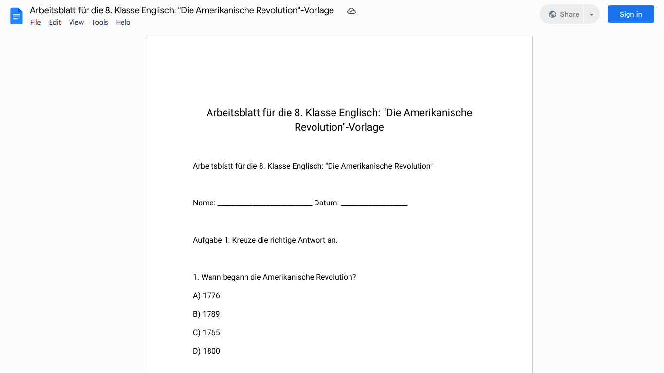 Arbeitsblatt für die 8. Klasse Englisch: "Die Amerikanische Revolution"-Vorlage