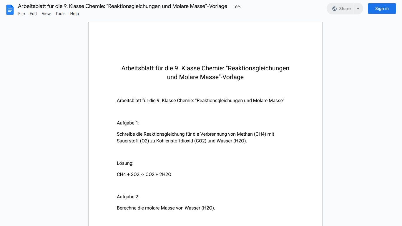 Arbeitsblatt für die 9. Klasse Chemie: "Reaktionsgleichungen und Molare Masse"-Vorlage