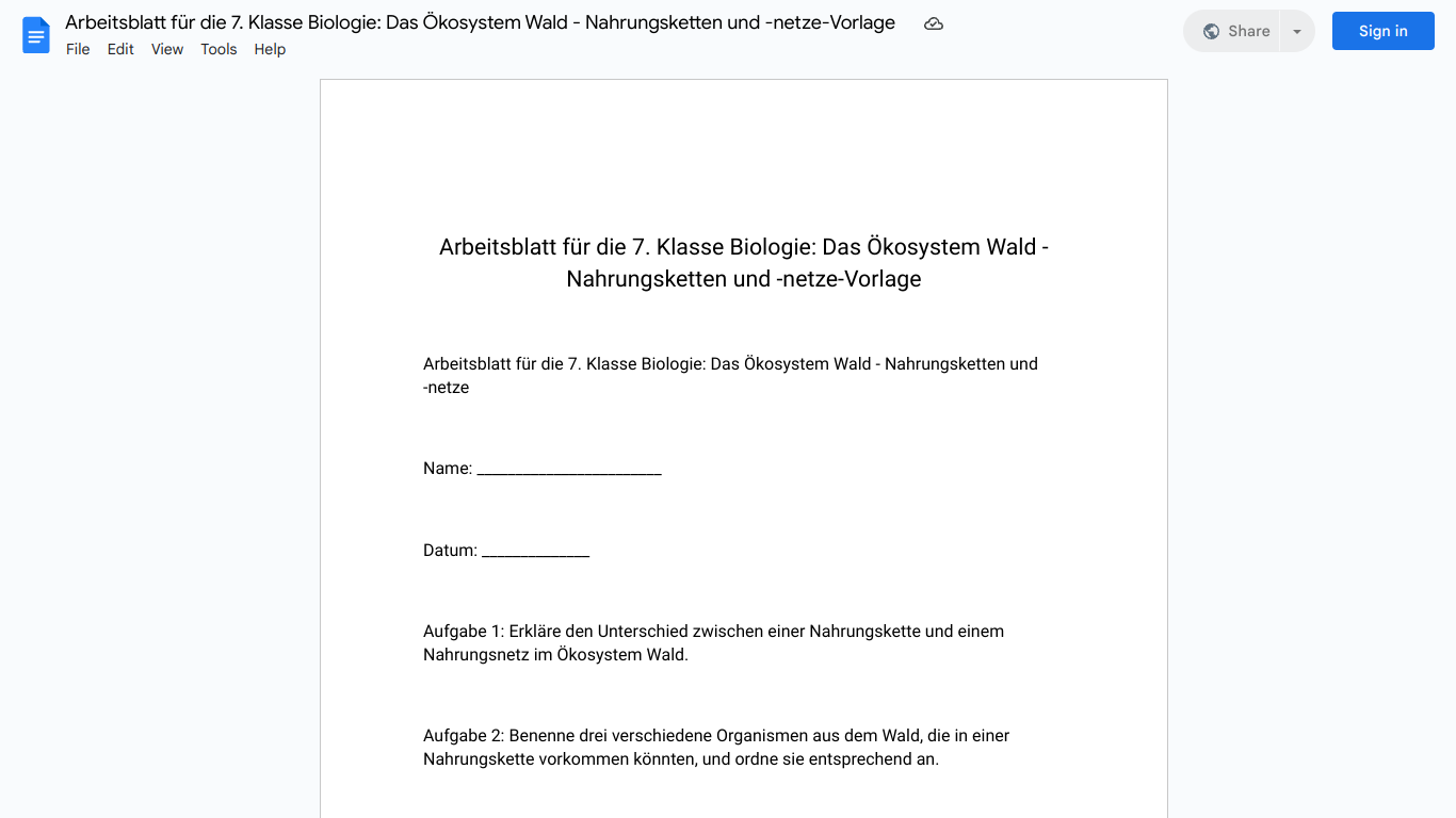 Arbeitsblatt für die 7. Klasse Biologie: Das Ökosystem Wald - Nahrungsketten und -netze-Vorlage