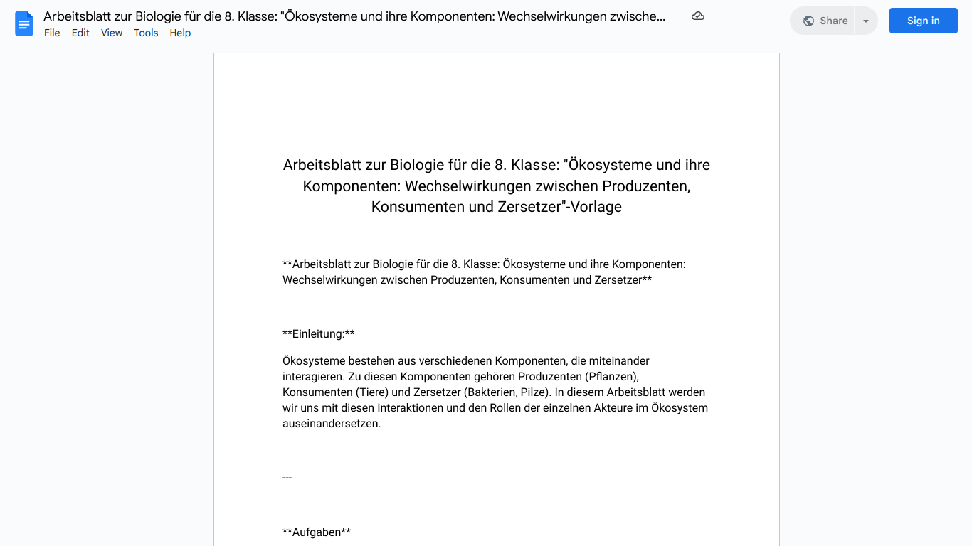 Arbeitsblatt zur Biologie für die 8. Klasse: "Ökosysteme und ihre Komponenten: Wechselwirkungen zwischen Produzenten, Konsumenten und Zersetzer"-Vorlage