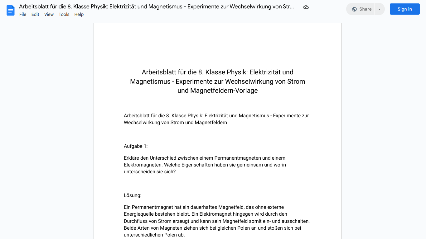 Arbeitsblatt für die 8. Klasse Physik: Elektrizität und Magnetismus - Experimente zur Wechselwirkung von Strom und Magnetfeldern-Vorlage