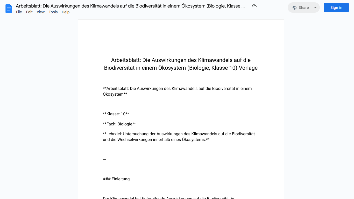 Arbeitsblatt: Die Auswirkungen des Klimawandels auf die Biodiversität in einem Ökosystem (Biologie, Klasse 10)-Vorlage