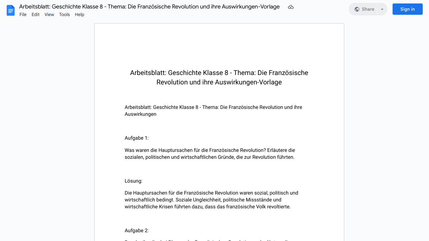 Arbeitsblatt: Geschichte Klasse 8 - Thema: Die Französische Revolution und ihre Auswirkungen-Vorlage