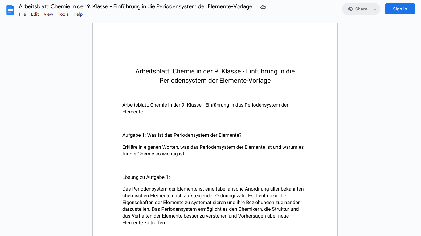 Arbeitsblatt: Chemie in der 9. Klasse - Einführung in die Periodensystem der Elemente-Vorlage