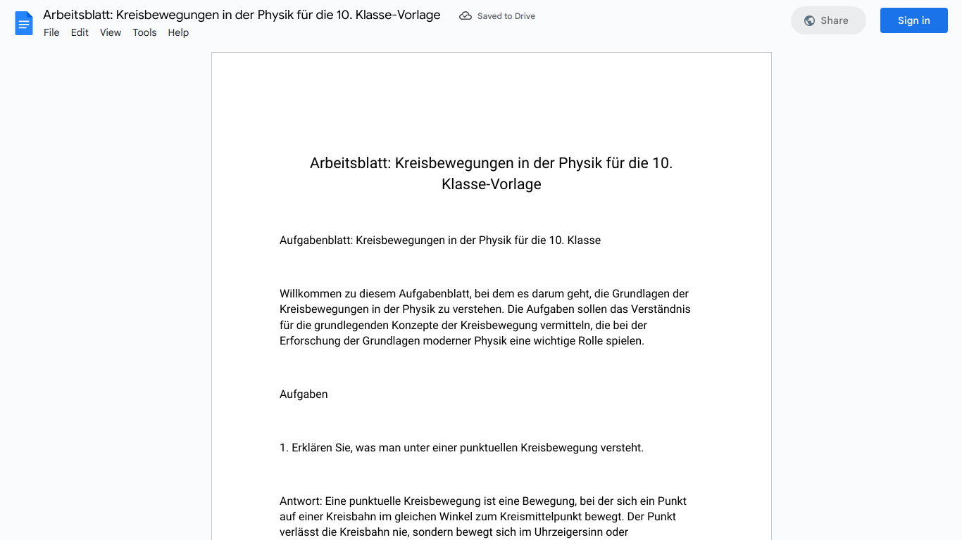 Arbeitsblatt: Kreisbewegungen in der Physik für die 10. Klasse-Vorlage