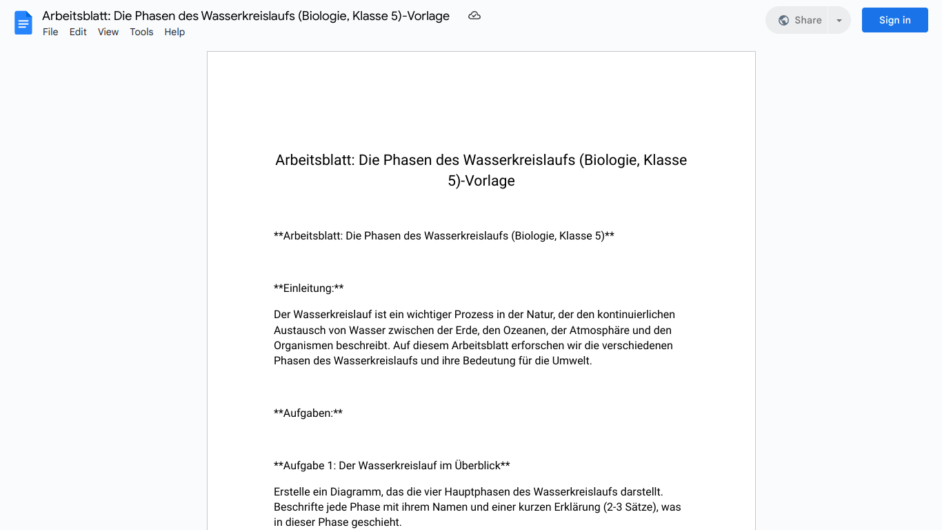 Arbeitsblatt: Die Phasen des Wasserkreislaufs (Biologie, Klasse 5)-Vorlage