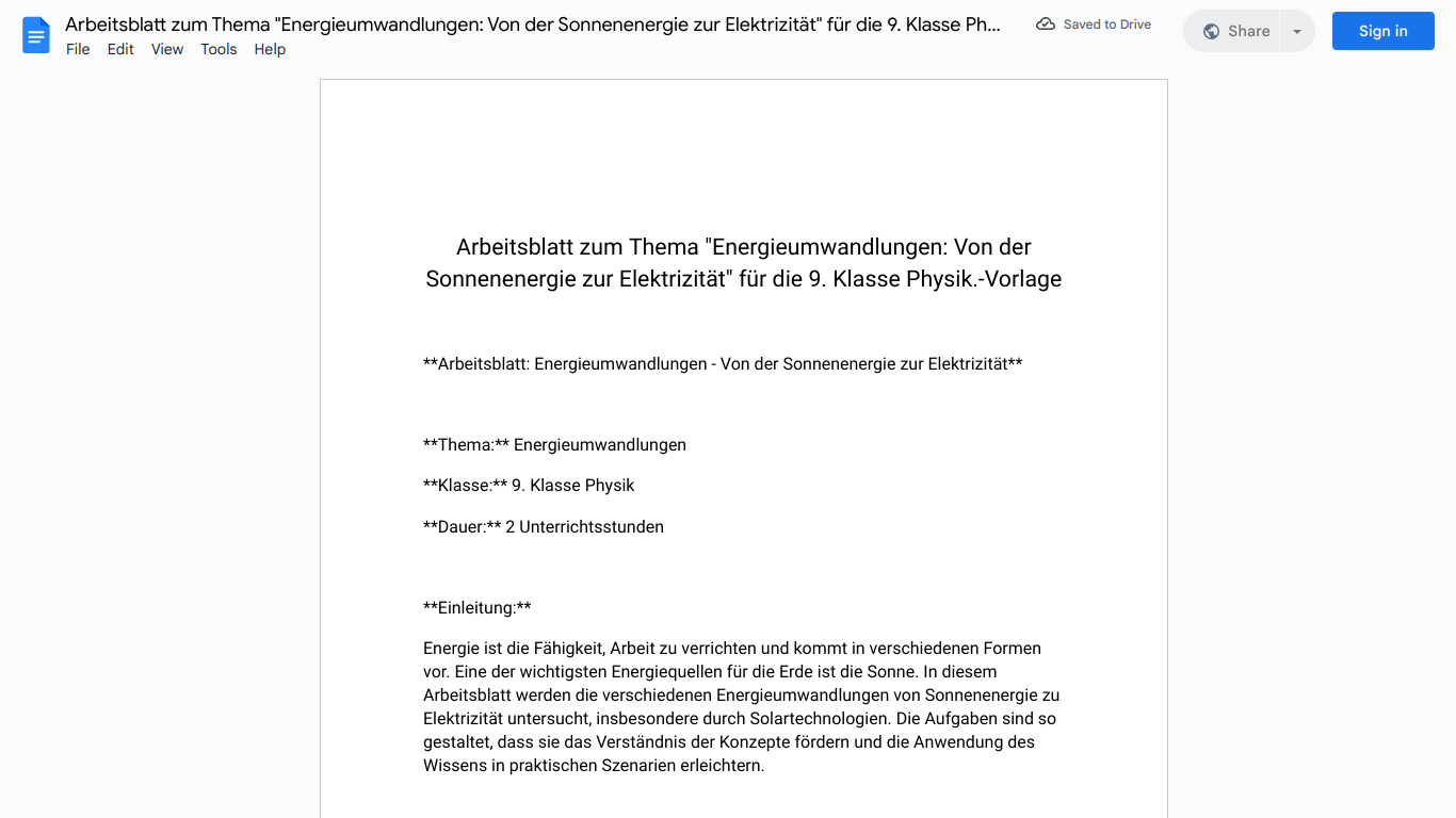 Arbeitsblatt zum Thema "Energieumwandlungen: Von der Sonnenenergie zur Elektrizität" für die 9. Klasse Physik.-Vorlage