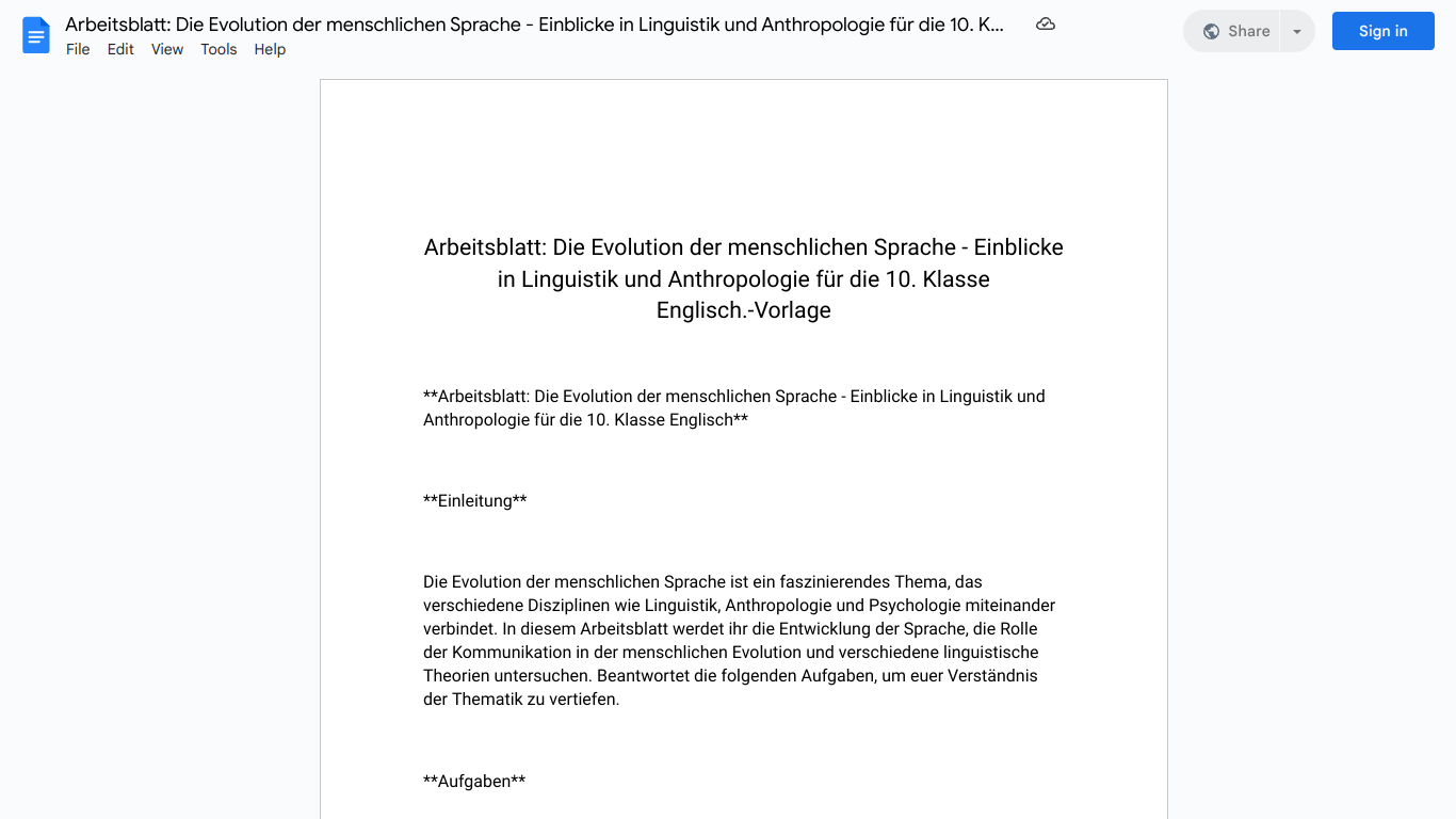 Arbeitsblatt: Die Evolution der menschlichen Sprache - Einblicke in Linguistik und Anthropologie für die 10. Klasse Englisch.-Vorlage