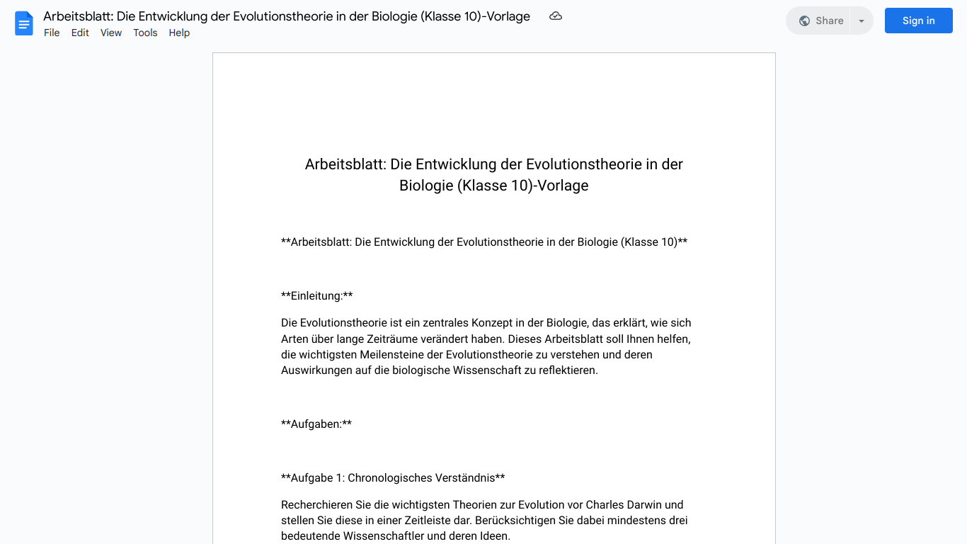 Arbeitsblatt: Die Entwicklung der Evolutionstheorie in der Biologie (Klasse 10)-Vorlage