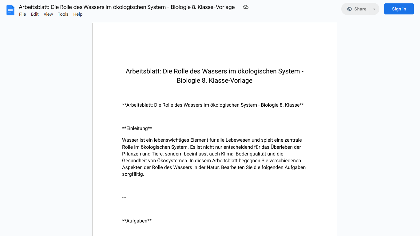 Arbeitsblatt: Die Rolle des Wassers im ökologischen System - Biologie 8. Klasse-Vorlage