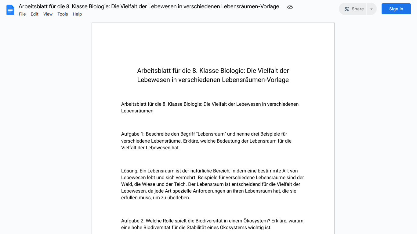 Arbeitsblatt für die 8. Klasse Biologie: Die Vielfalt der Lebewesen in verschiedenen Lebensräumen-Vorlage