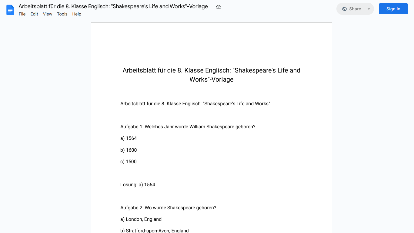 Arbeitsblatt für die 8. Klasse Englisch: "Shakespeare's Life and Works"-Vorlage